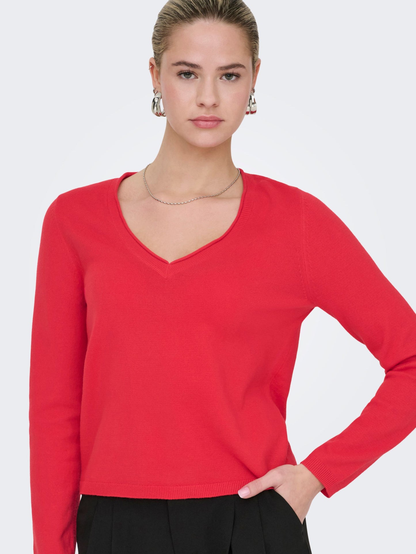 ONLY Soft Knit V Neck Top in Red