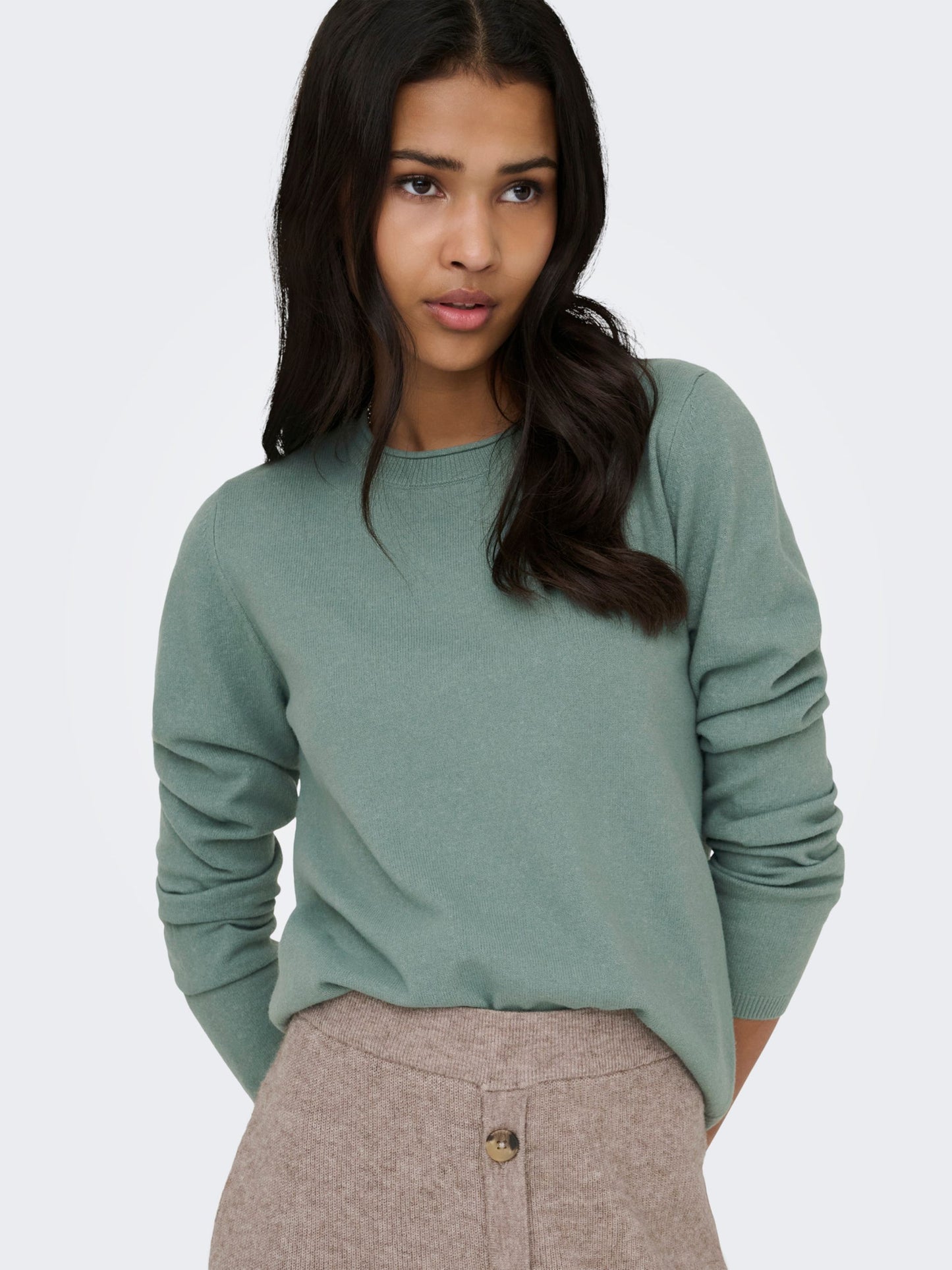ONLY Soft Knit V Neck Top in Green