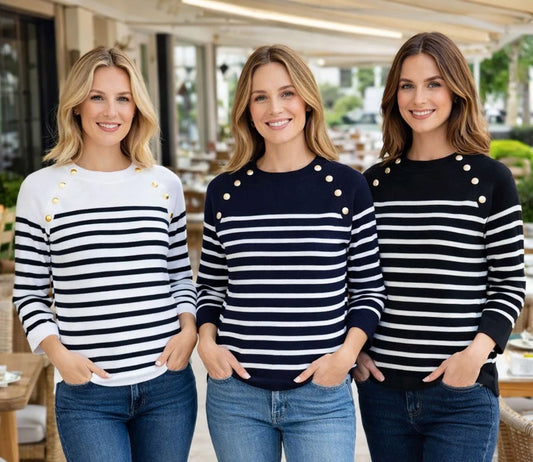 Stripe Gold Button Fine Knit in White