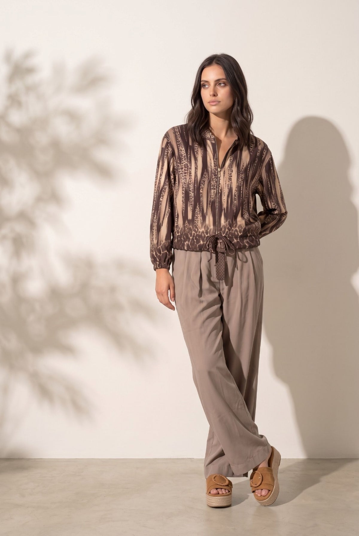 Suedette Animal Print Zip Bomber Jacket in Brown