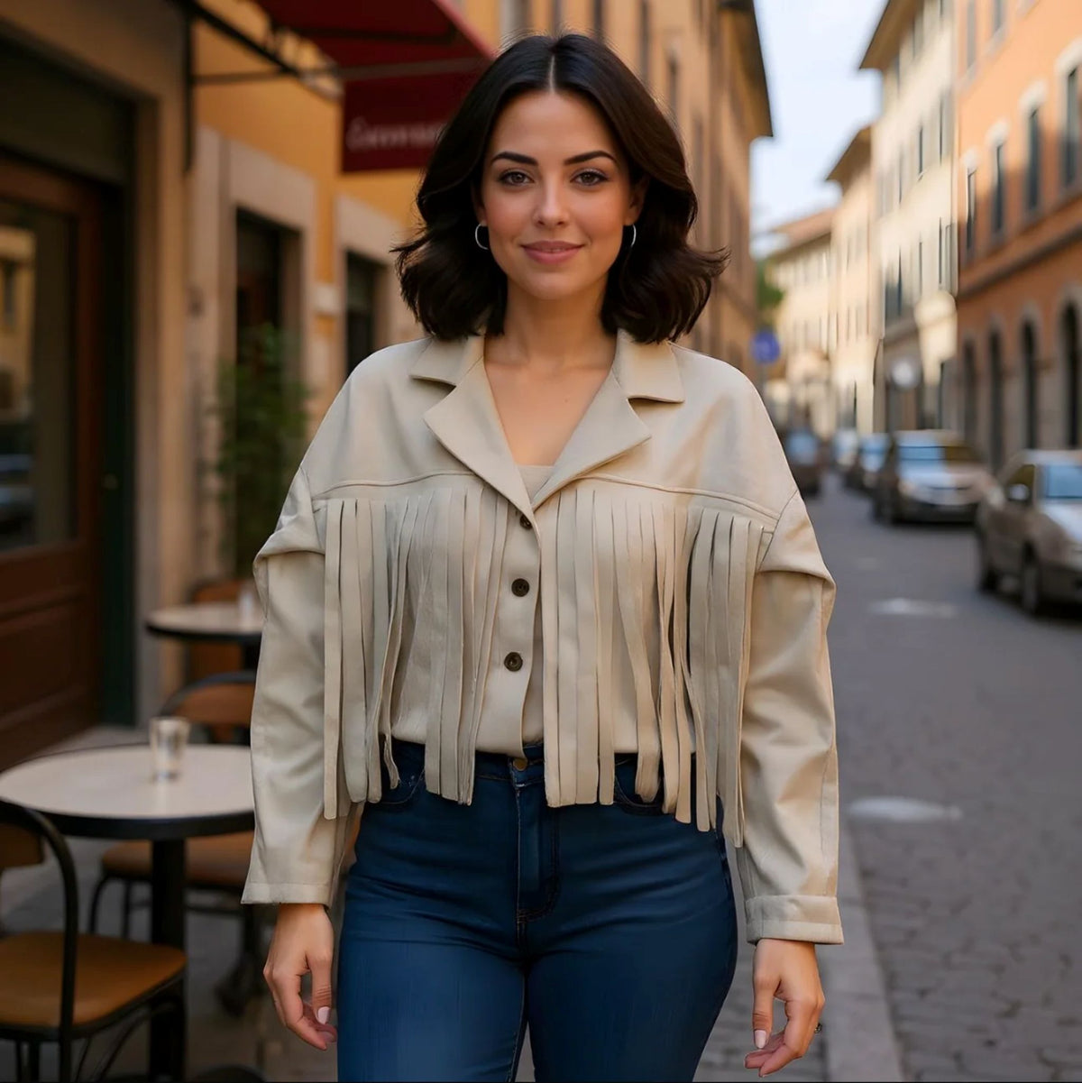 Tasselled Suedette Button Jacket in Cream