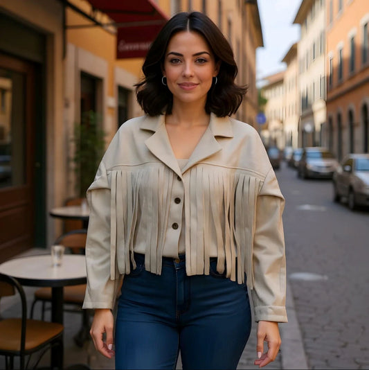 Tasselled Suedette Button Jacket in Cream